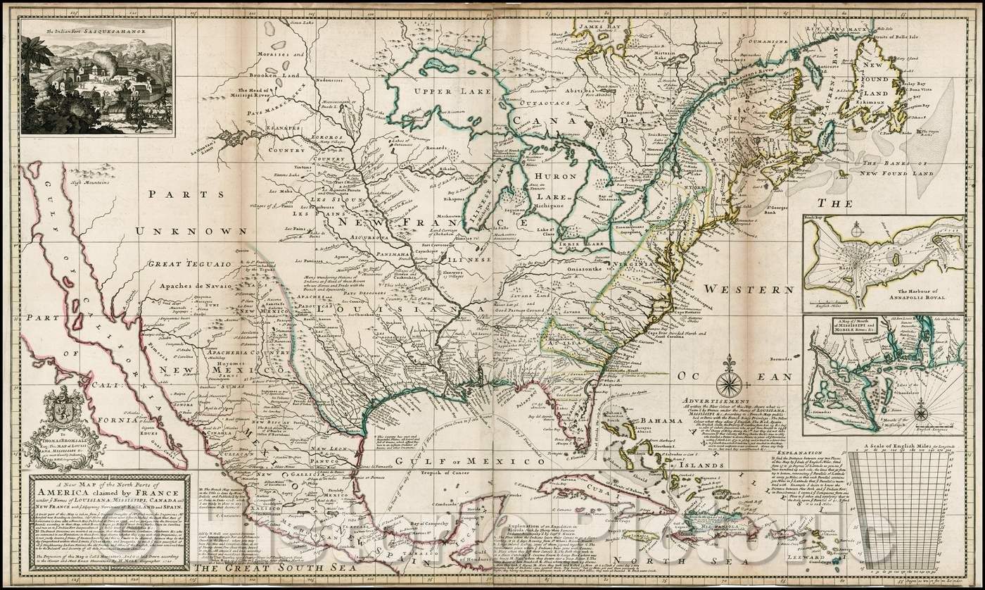 Historic Map - A New Map of the North Parts of America, Louisiana, Mississipi, Canada and New France, 1730, Herman Moll - Vintage Wall Art