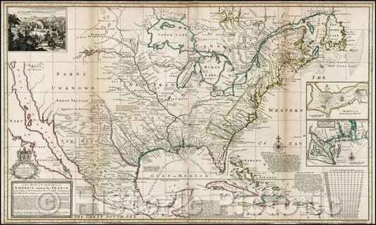 Historic Map - A New Map of the North Parts of America, Louisiana, Mississipi, Canada and New France, 1730, Herman Moll - Vintage Wall Art