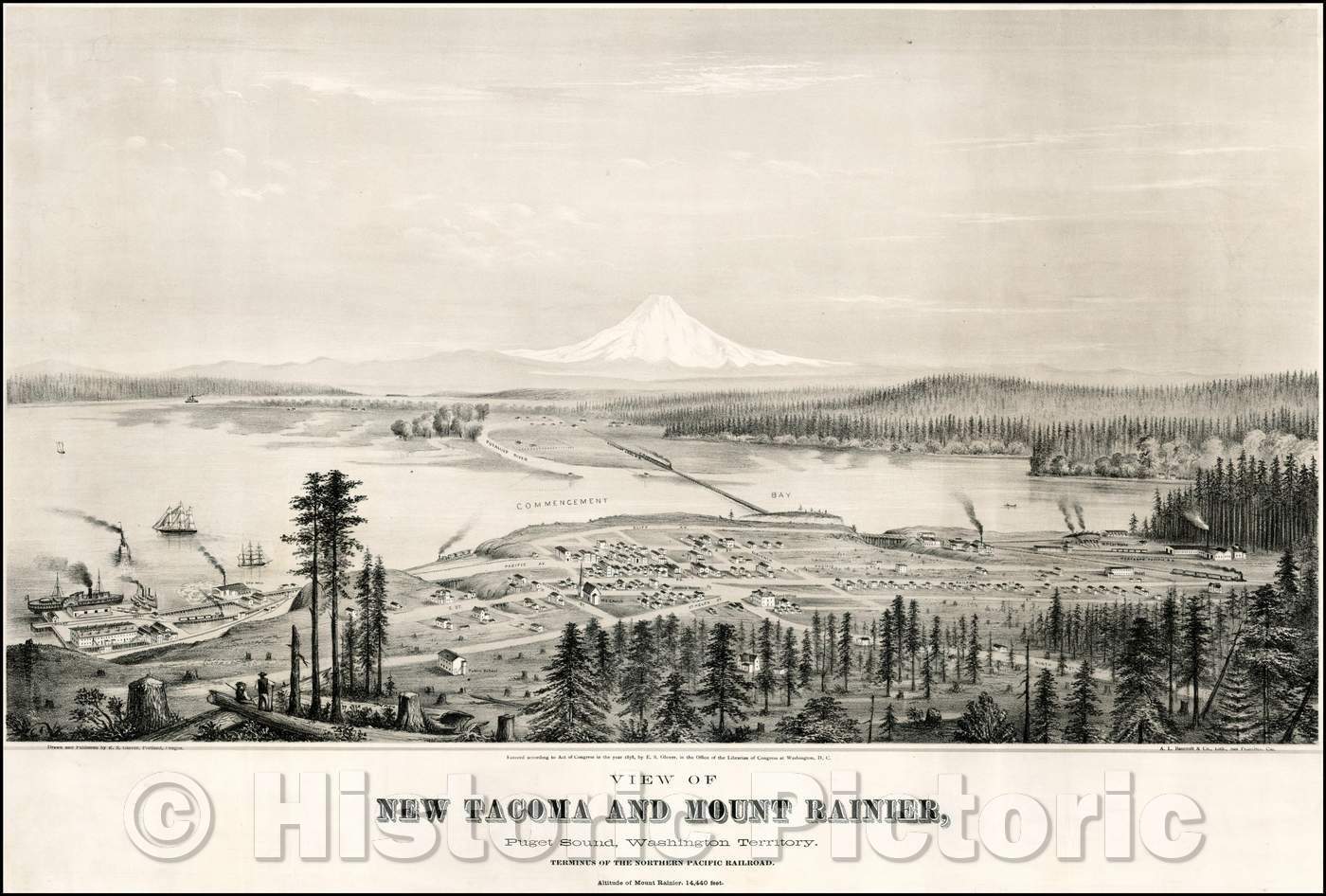 Historic Map - View of New Tacoma and Mount Rainer, Puget Sound, Washington Territory. Terminus of the Northern Pacific Railroad, 1878, A.L. Bancroft & Co. - Vintage Wall Art