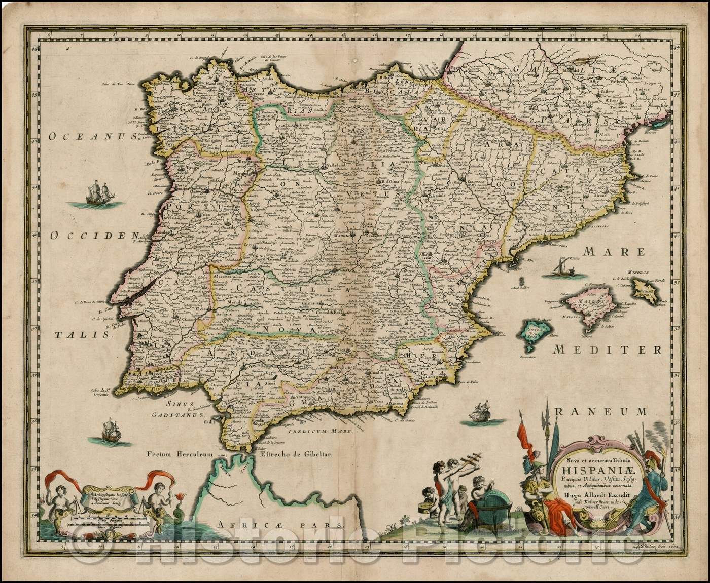 Historic Map - Nova et accurata Tabula Hispaniae Praecipuis Urbibus/Hugo Allard Map of Spain, Visscher's carte-a-figures Map of 1623, 1662, Hugo Allard - Vintage Wall Art