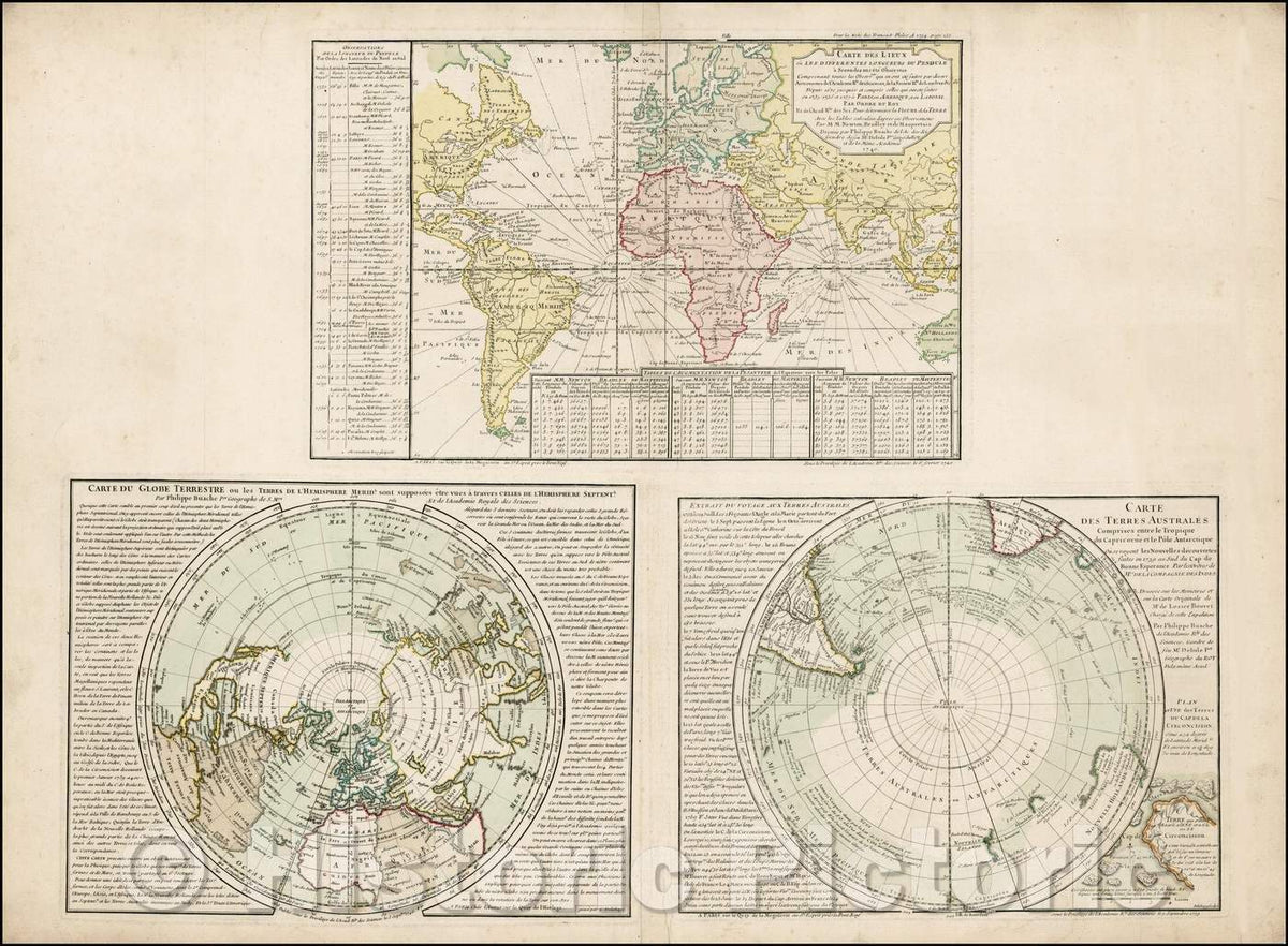 Historic Map - Carte des Lieux ou les Differentes Longueurs du Pendule :: to illustrate the astronomical observations, scientists of the 17th, 18th Century, 1740 - Vintage Wall Art