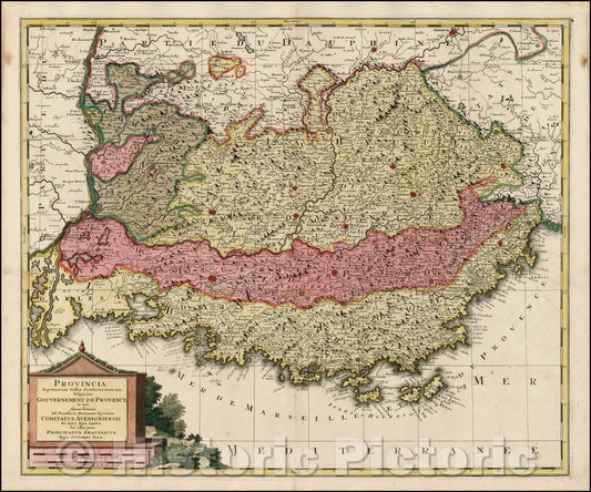 Historic Map - Provincia Supremarum Galliae Praefecturum una; Vulgariter Gouvernement De Provence/Map of the Provence Region, in old color, 1700 - Vintage Wall Art