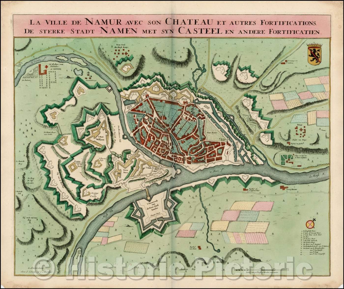 Historic Map - La Ville De Namur avec son Chateau et autres Fortifications/Covens and Mortier's Plan of Namur, 1745, Johannes Covens - Vintage Wall Art