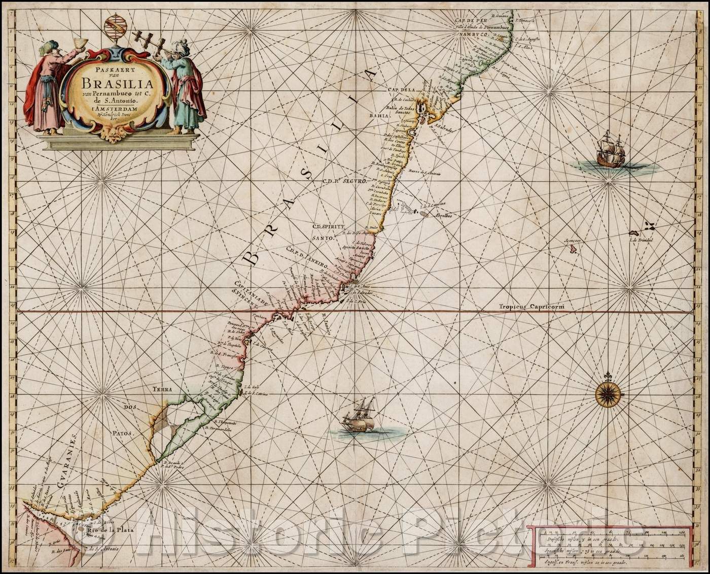 Historic Map - Paskaert van Brasilia van Pernambuco :: Doncker's Sea Chart of the Region, Cap De Pernambuco to the mouth of the Rio de la Plata, 1659 - Vintage Wall Art