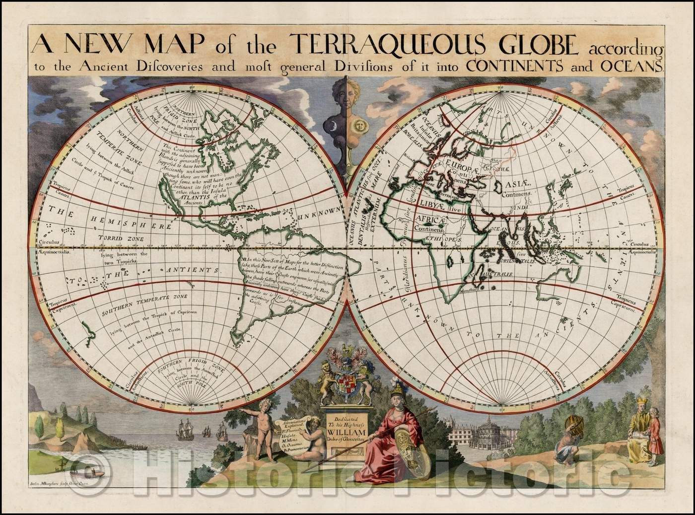 Historic Map - The Terraqueous Globe according to the Ancient Discoveries and most general Divisions of it into Contienents and Oceans, 1700, Edward Wells v2