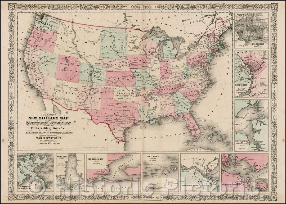 Historic Map - Johnson's New Military of the United States Forts, Military Posts & all the Military Divisons with Enlarged Plans of the Southern Harbors, 1864 - Vintage Wall Art
