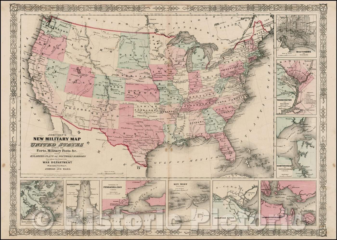 Historic Map - Johnson's New Military of the United States Forts, Military Posts & all the Military Divisons with Enlarged Plans of the Southern Harbors, 1864 - Vintage Wall Art