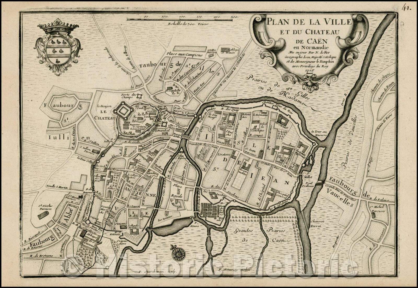 Historic Map - Plan De La Ville Et Du Chateau De Caen en Normandie :: City of Caein, with fortifications roads, and other local points of interest, 1705 - Vintage Wall Art