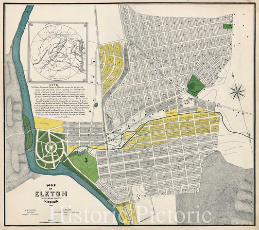 Historic Map - Map of Elkton Rockingham County Virginia, 1890, E.T. Amiss - Vintage Wall Art