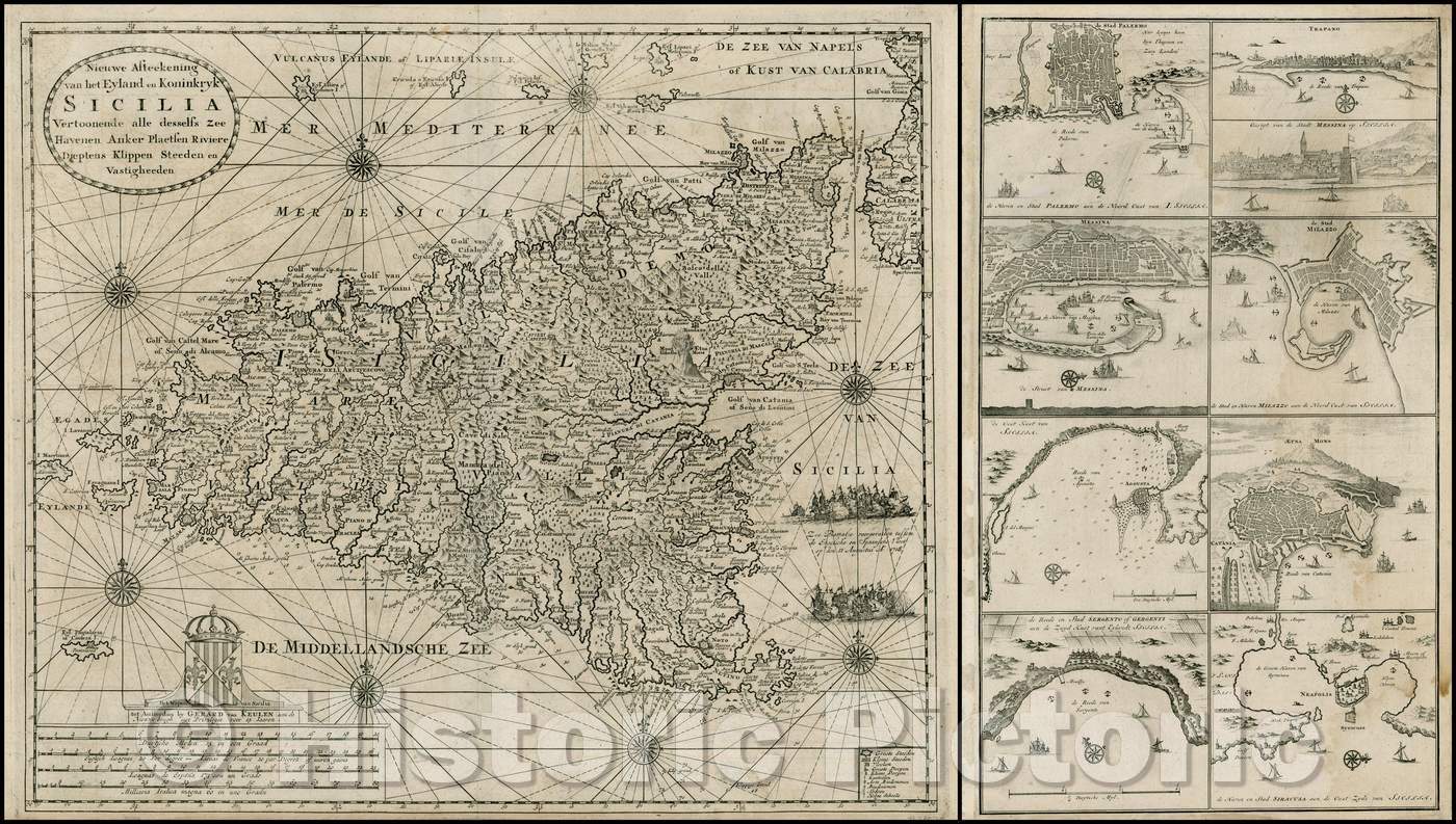 Historic Map - Nieuwe Afteekening van het Eyland en Koninkryk Sicilia Vertoonende alle de, 1730 - Vintage Wall Art