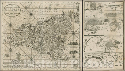 Historic Map - Nieuwe Afteekening van het Eyland en Koninkryk Sicilia Vertoonende alle de, 1730 - Vintage Wall Art