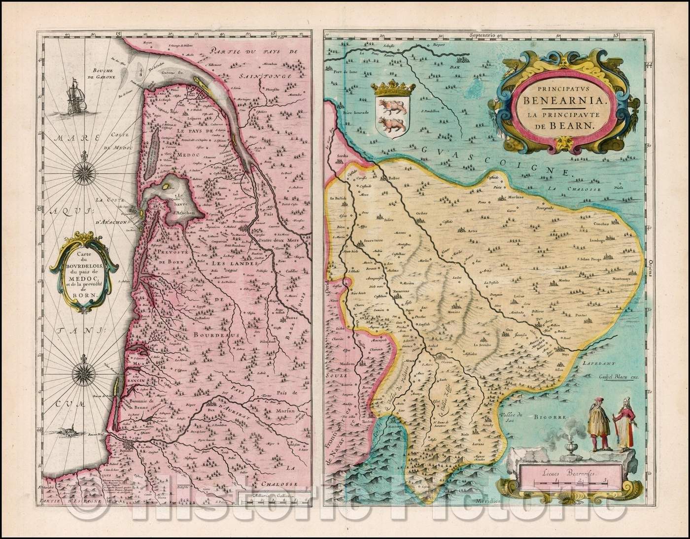 Historic Map - Carte du Bourdelois du pais de Medoc, et de la prevoste de Born. [with] Pr :: Bourdeau region and Bearn, 1642 - Vintage Wall Art