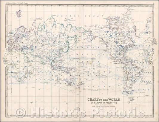 Historic Map - Chart of the World on Mercator's Projection Showing the directions of the Oceans Currents, 1860 - Vintage Wall Art