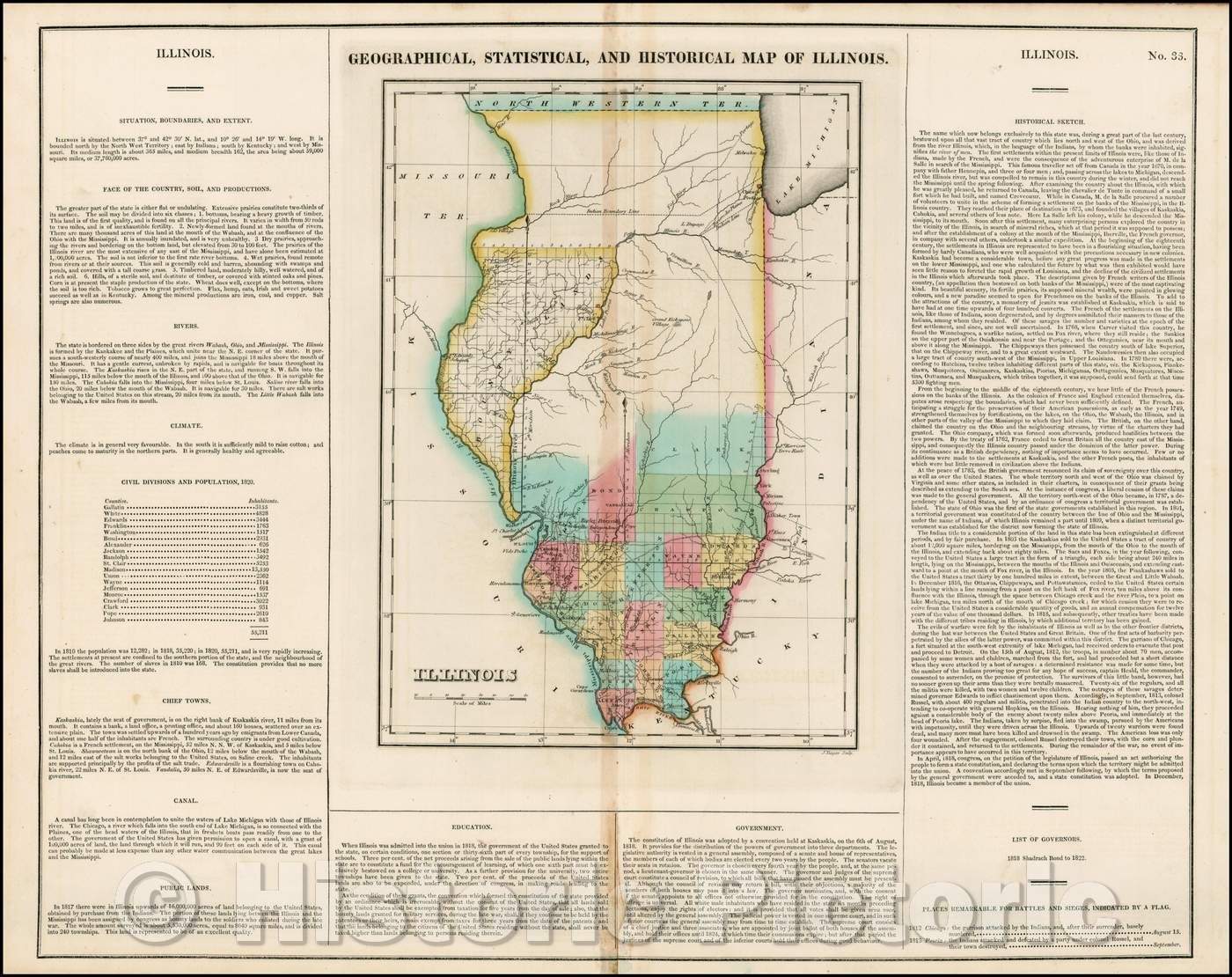 Historic Map - Geographical, Statistical and Historical Map of Illinois, 1823, Henry Charles Carey - Vintage Wall Art