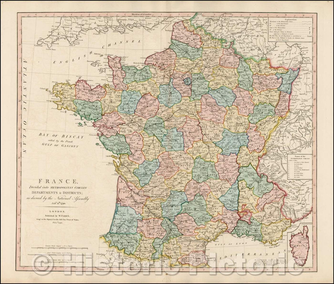 Historic Map - France Divided into Metropolitan Circles Department & Districts; as descreed, 1790, William Faden - Vintage Wall Art