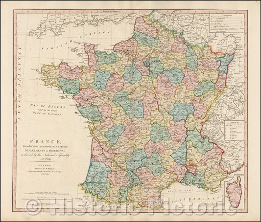 Historic Map - France Divided into Metropolitan Circles Department & Districts; as descreed, 1790, William Faden - Vintage Wall Art