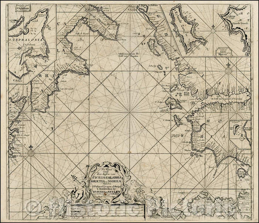 Historic Map - Pas kaart Vande Zee-kusten van Cicilia, Calabria, Graetia en Morea Tusche :: Vande Pas kaart van Zee-kusten Cicilia, Calabria, 1730 - Vintage Wall Art