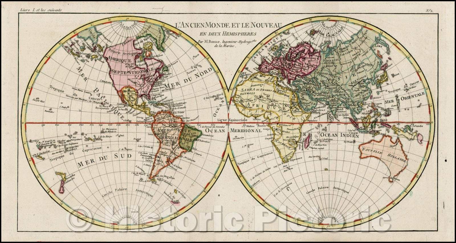 Historic Map - L'Ancien Monde Et Le Nouveau en Deux Hemispheres/The Old World and New in Two Hemispheres, 1780, Rigobert Bonne - Vintage Wall Art