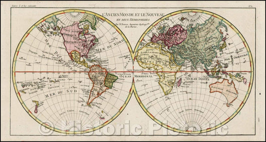 Historic Map - L'Ancien Monde Et Le Nouveau en Deux Hemispheres/The Old World and New in Two Hemispheres, 1780, Rigobert Bonne - Vintage Wall Art