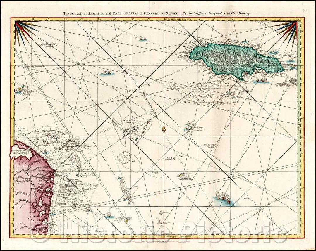 Historic Map - The Island of Jamaica and Cape Gracias a Dios with the Banks, 1775, Thomas Jefferys - Vintage Wall Art