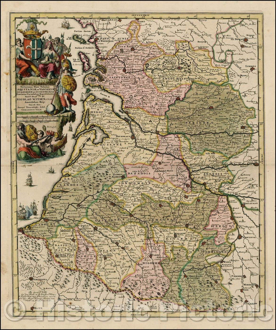 Historic Map - Novissimam Hanc Tabulam Aquitaniae et Vasconiae Guacogne et Guinne :: Southwestern France, engraved by Romain De Hooghe for Gerard Valk, 1694 - Vintage Wall Art