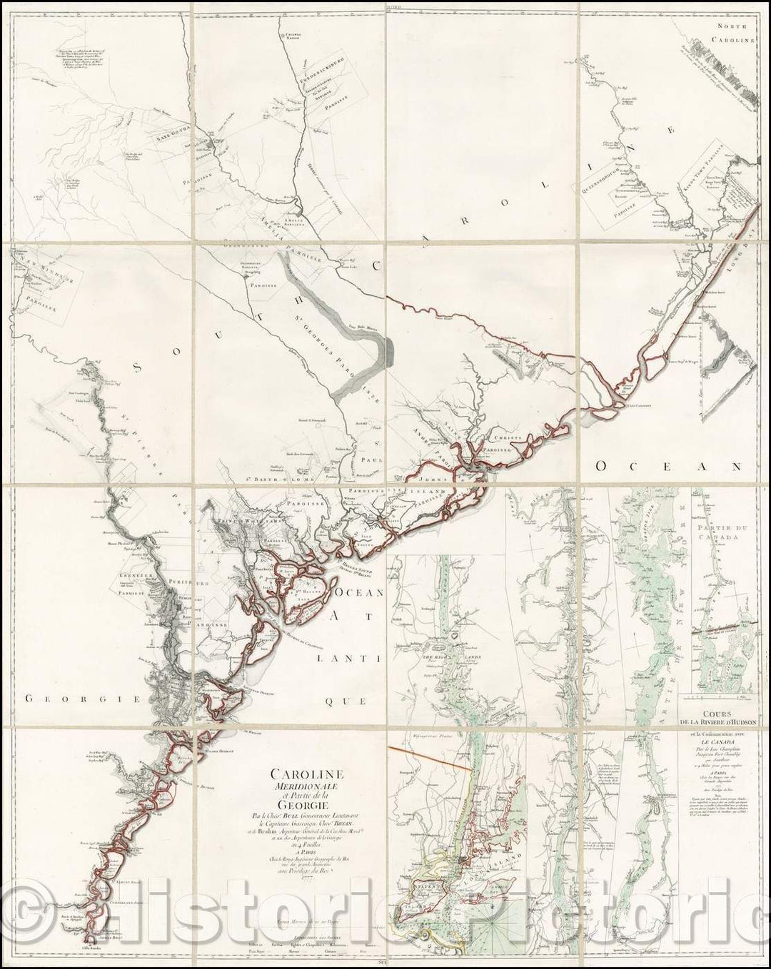 Historic Map - Caroline Meridionale et Partie de la Georgie Par le Chevr. Bull Gouverneur :: Caroline Meridionale and Party of Georgia, 1777 - Vintage Wall Art