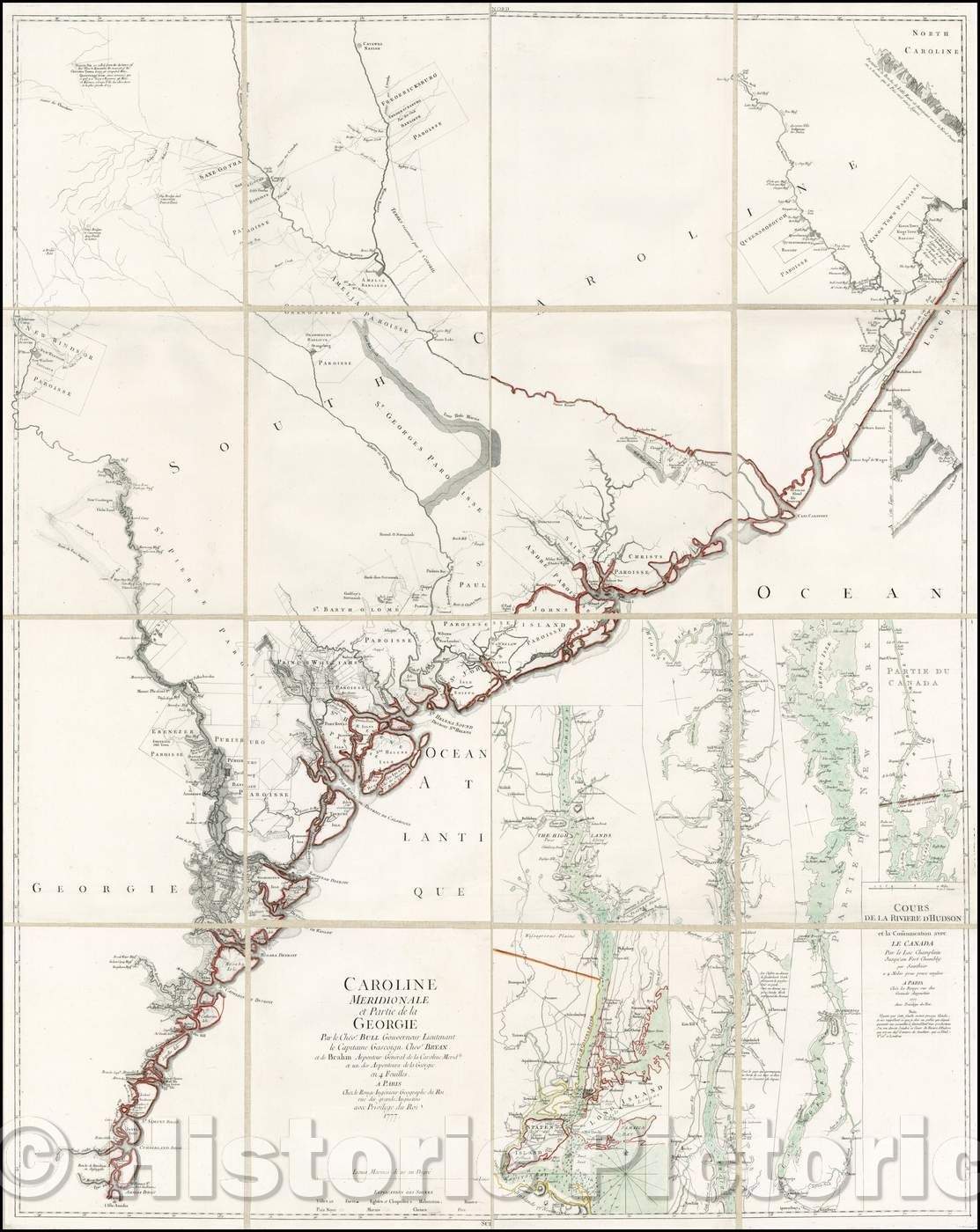 Historic Map - Caroline Meridionale et Partie de la Georgie Par le Chevr. Bull Gouverneur :: Caroline Meridionale and Party of Georgia, 1777 - Vintage Wall Art