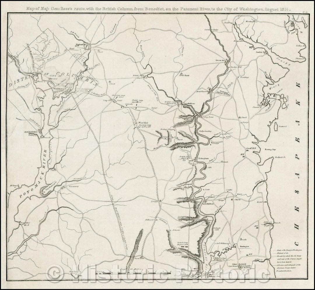 Historic Map - Map of Maj: Gen: Ross's route, with the British Column, from Benedict, onthe Patuxent River, to the City of Washington, August, 1818 - Vintage Wall Art