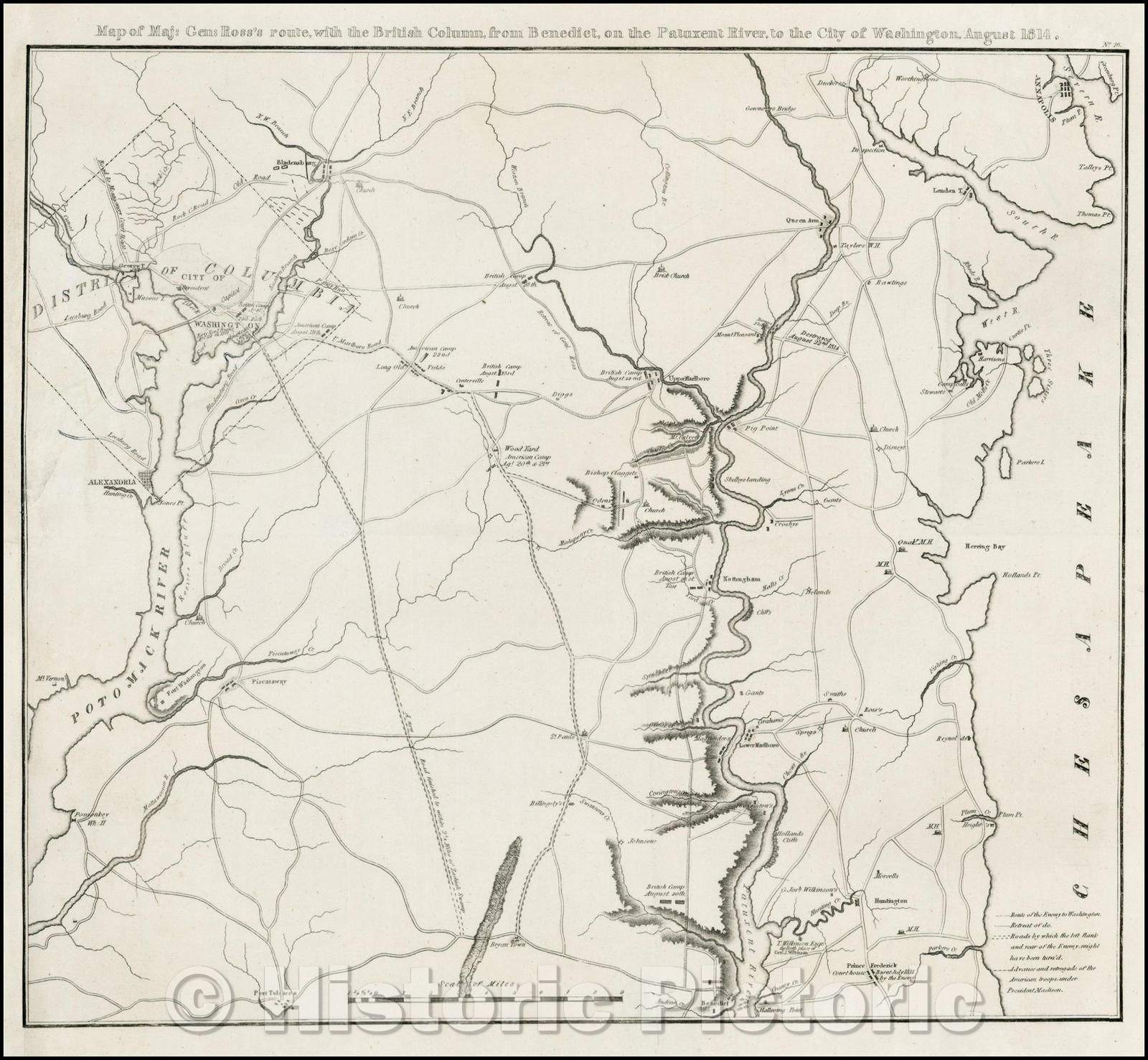 Historic Map - Map of Maj: Gen: Ross's route, with the British Column, from Benedict, onthe Patuxent River, to the City of Washington, August, 1818 - Vintage Wall Art