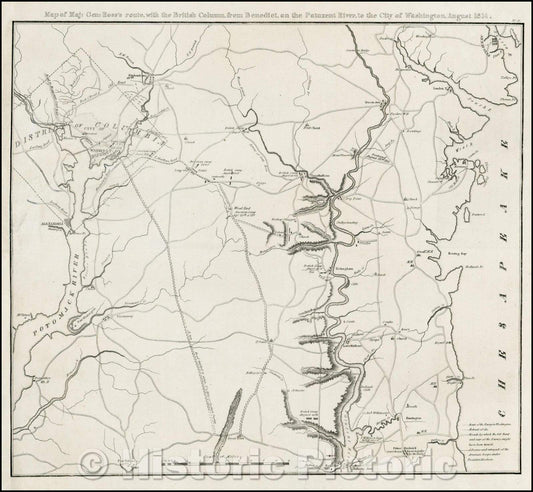 Historic Map - Map of Maj: Gen: Ross's route, with the British Column, from Benedict, onthe Patuxent River, to the City of Washington, August, 1818 - Vintage Wall Art