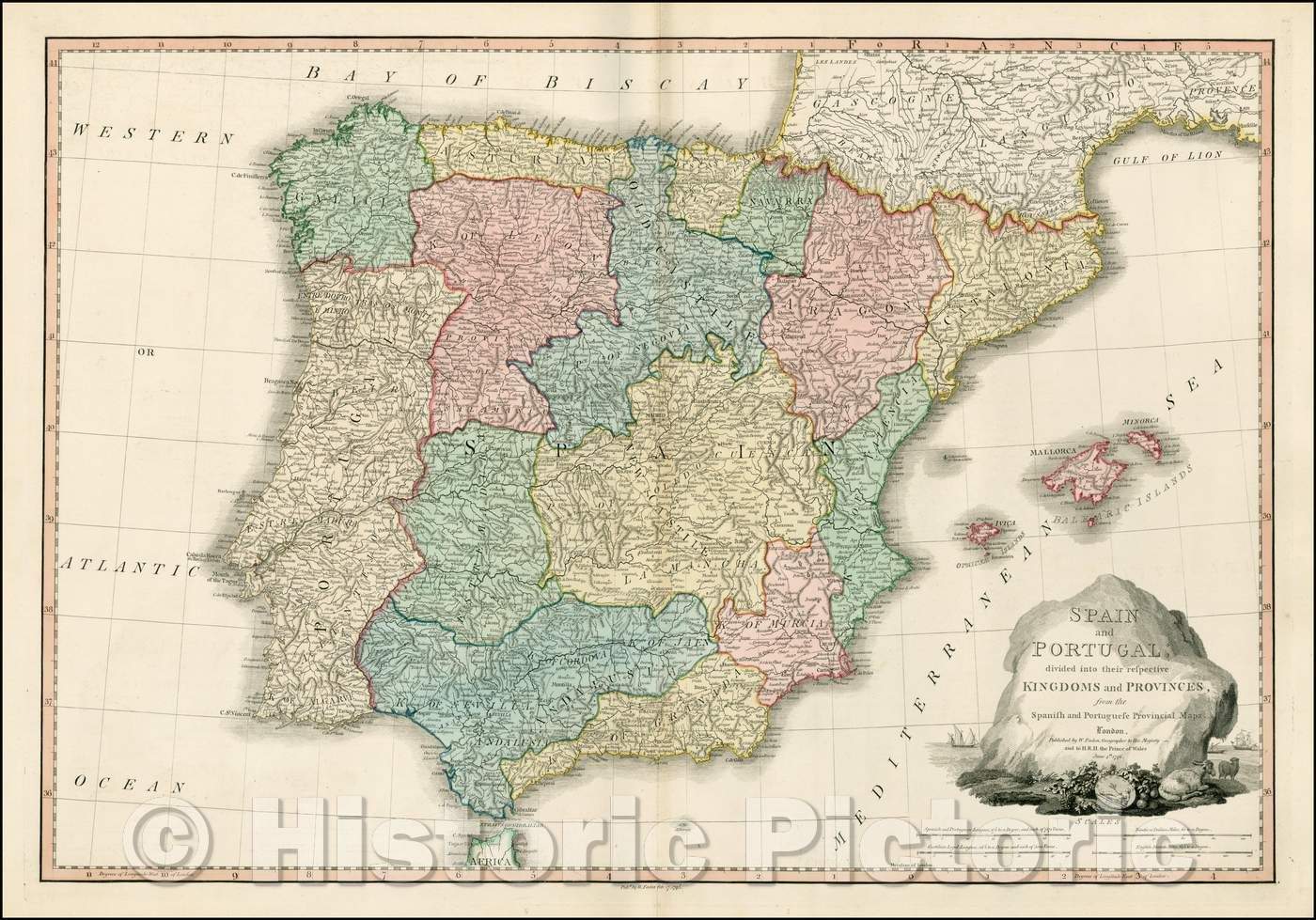 Historic Map - Spain and Portugal; divided into their respective Kingdoms and Provinces, from the Spanish and Portugese Provincial Maps, 1796, William Faden - Vintage Wall Art