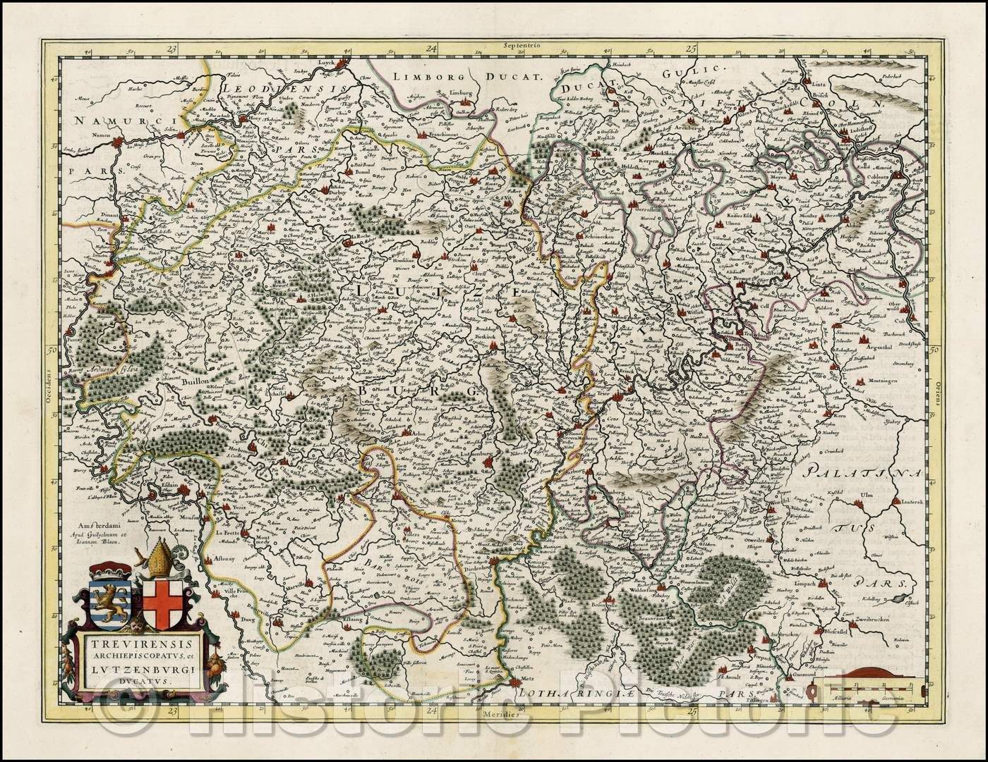 Historic Map - Trevirensis Archiepiscopatus, et Lutzenburgi Ducatus/Regional Map of the Rheinland-Pfalz in Germany, with a cartouche, 1640, Johannes Blaeu - Vintage Wall Art
