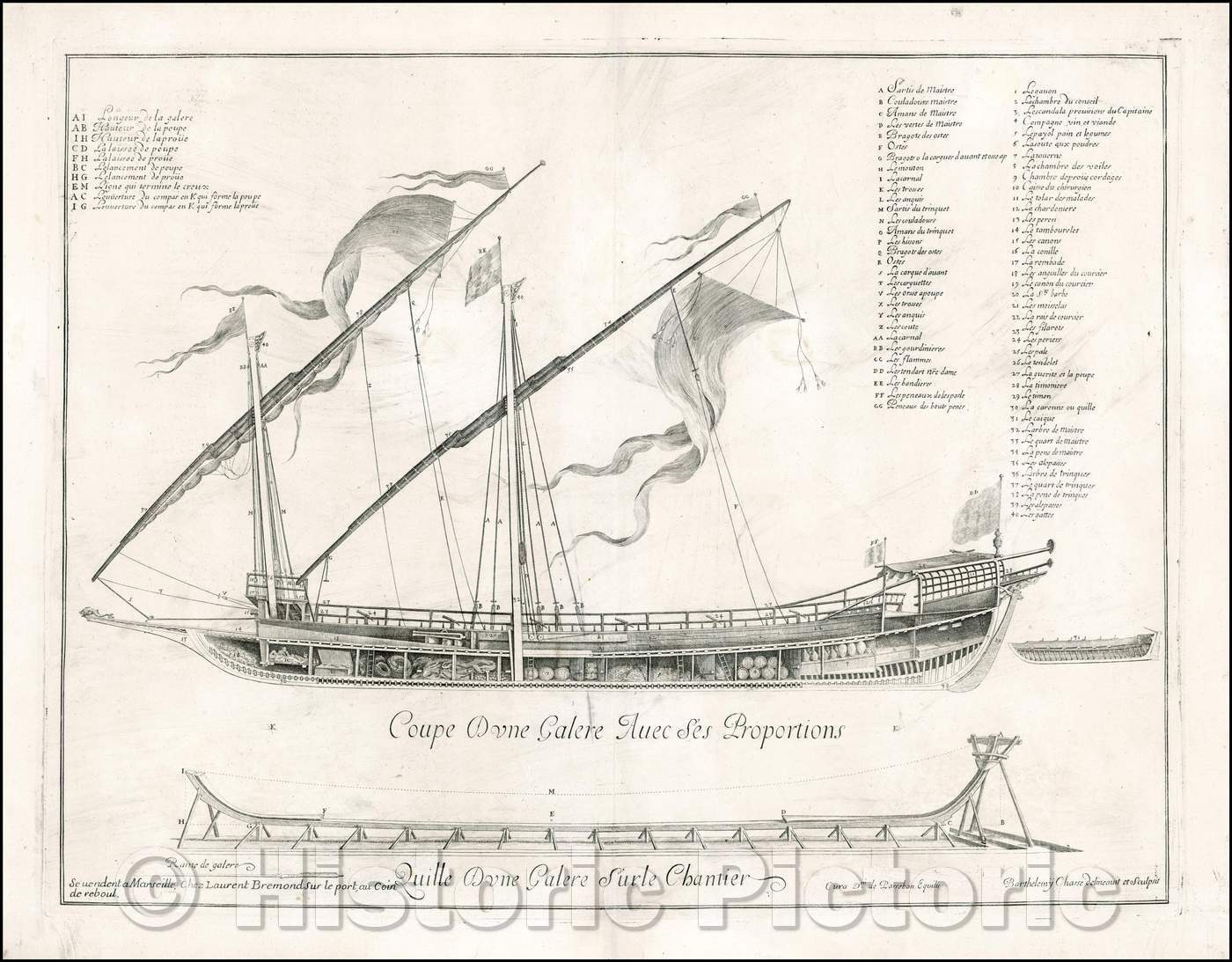 Historic Map - Coup D'une Galare Avec Ses Proportions/Cross sectional model of an 18th Century French sailing vessel, 1718, Laurent Bremond - Vintage Wall Art