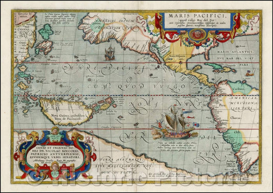 Historic Map - Maris Pacifici quod vulgo Mar del Zud/Ortelius' Maris Pacifici, the first printed Map of the Pacific Ocean, 1590, Abraham Ortelius - Vintage Wall Art