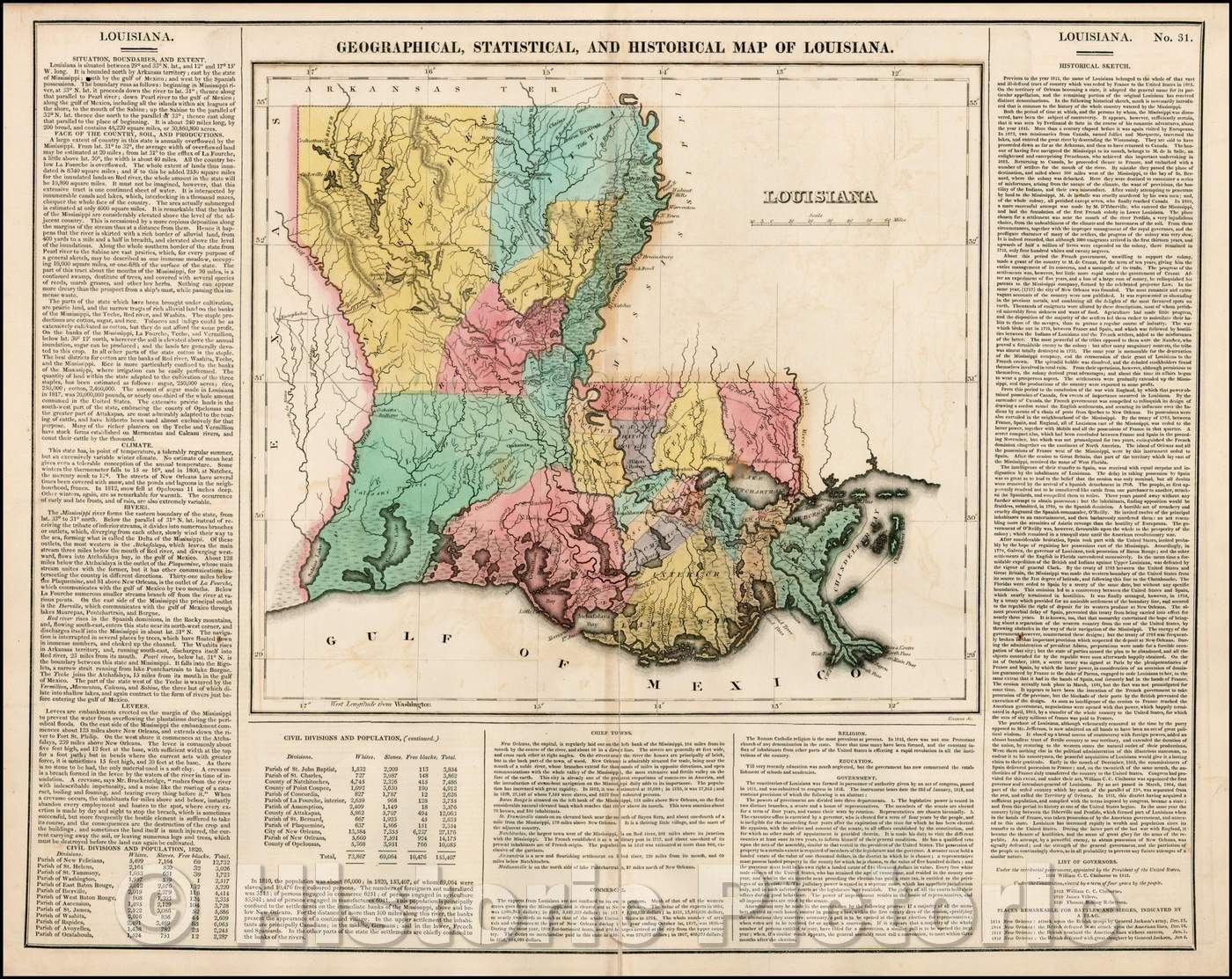 Historic Map - Geographical, Statistical and Historical Map of Louisiana, 1823, Henry Charles Carey - Vintage Wall Art