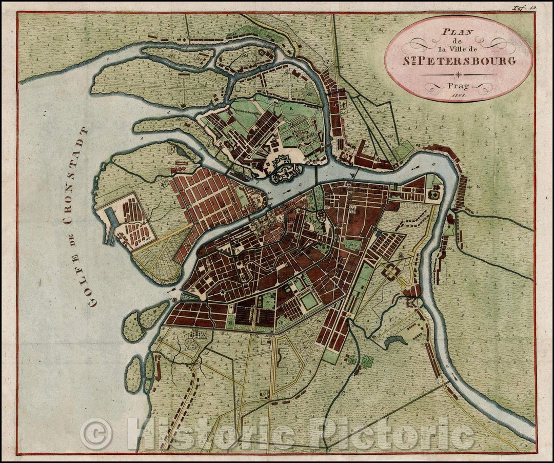 Historic Map - Plan de la Ville de St. Petersbourg :: 19th Century Plan of St. Petersburg, Plan of the city, roads, rivers, buildings, gates, harbor, brdiges, 1808 - Vintage Wall Art