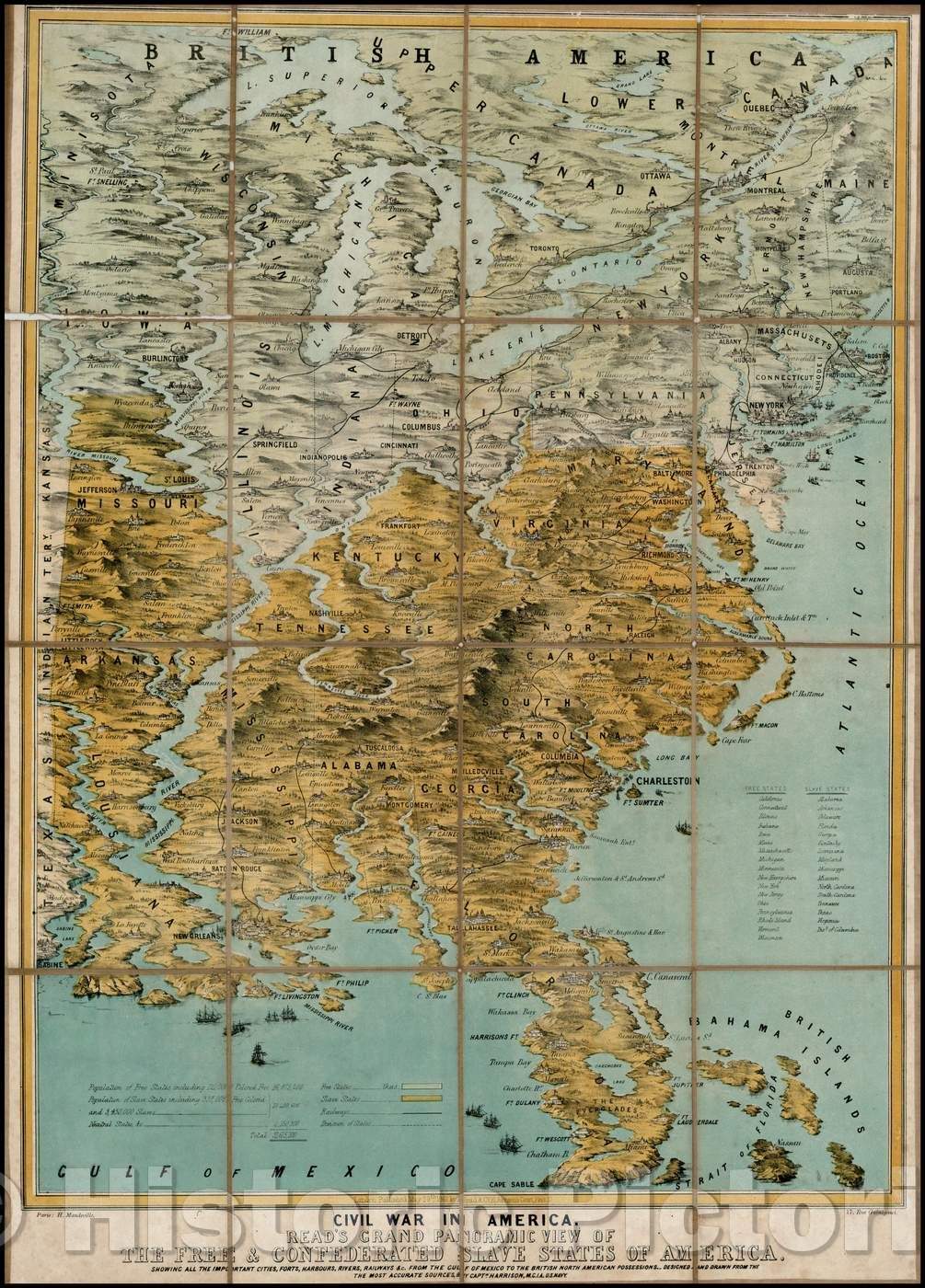Historic Map - Civil War In America. Read's Grand Panoramic View of the Free & Confederated Slave States of America, 1861, - Vintage Wall Art