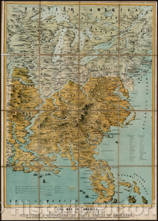 Historic Map - Civil War In America. Read's Grand Panoramic View of the Free & Confederated Slave States of America, 1861, - Vintage Wall Art