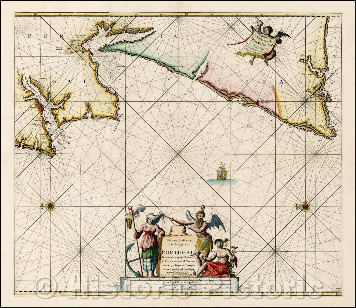 Historic Map - Nieuwe Paskaart van de Kust van Portugal Beginnende 3 a 4 Myl Benoorde C. Roxent :: Portugal,northwest of Lisbon to the Cape Saint Vincent, 1685 - Vintage Wall Art