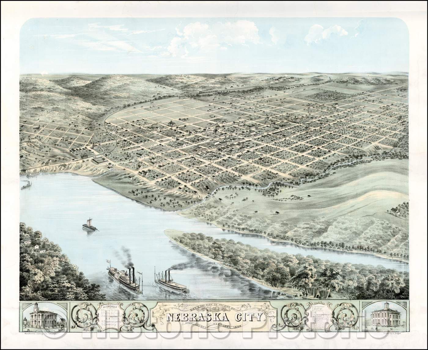 Historic Map - Bird's Eye View of the City of Nebraska City. Otoe County Nebraska, 1868, Albert Ruger - Vintage Wall Art