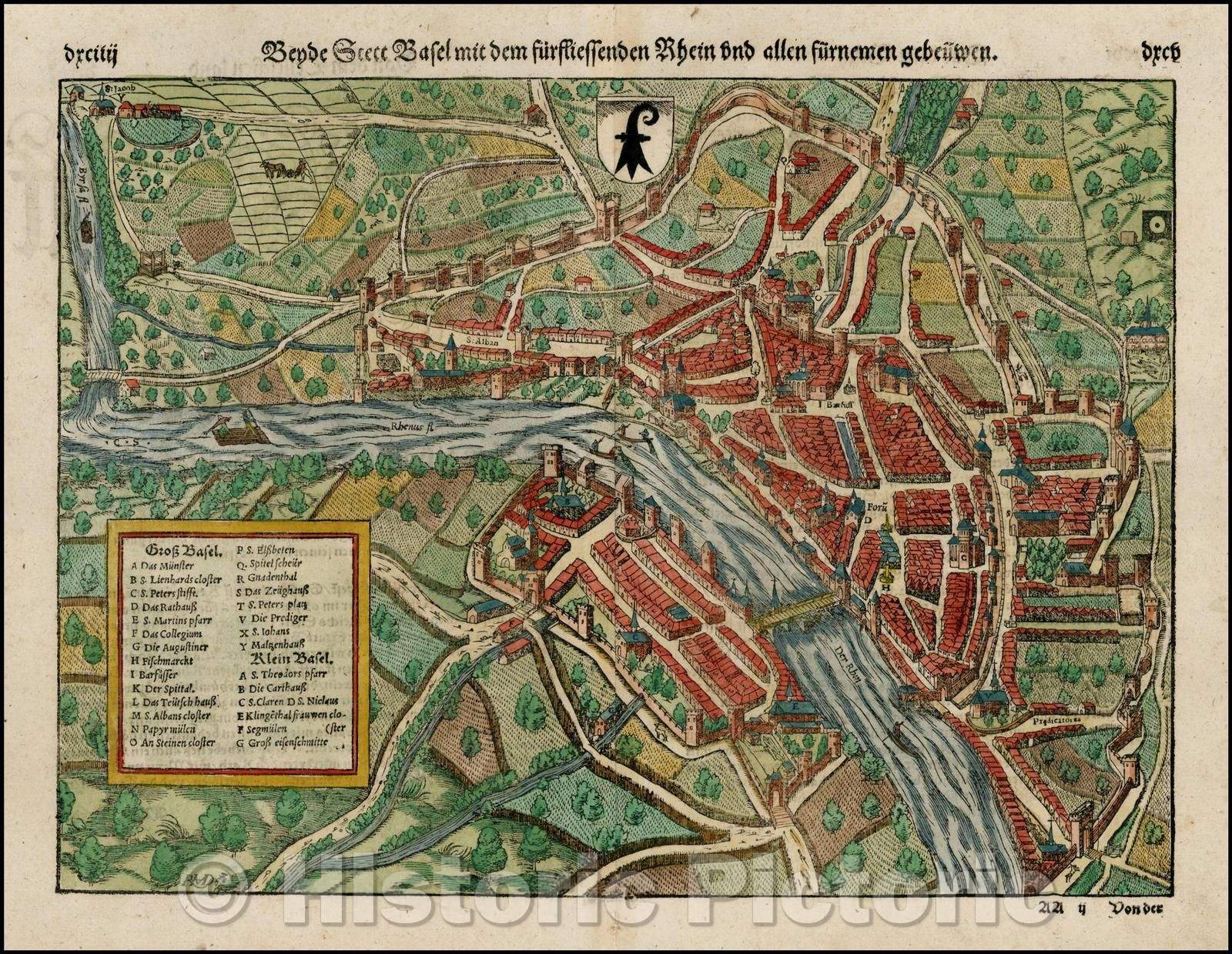 Historic Map - Bende Stett Basel mid dem Furfliessenden Rhein, 1570, Sebastian M?nster - Vintage Wall Art