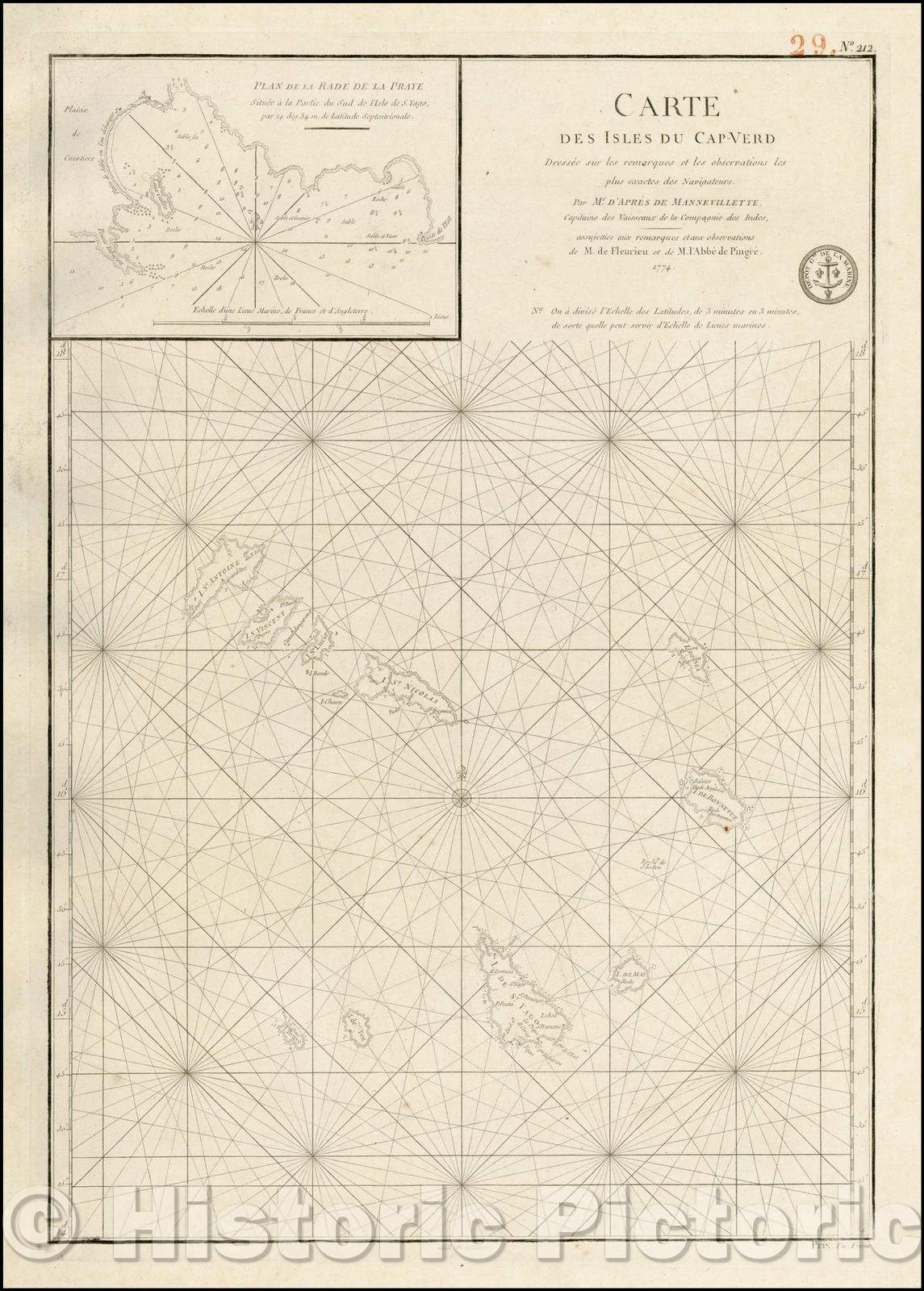 Historic Map - Carte Des Isles Du Cap-Verd Dressee sur les remarques/Map of the Cape Verd Islands,"Plan de la Rade de Praye", Island of S. Yago, 1774 - Vintage Wall Art