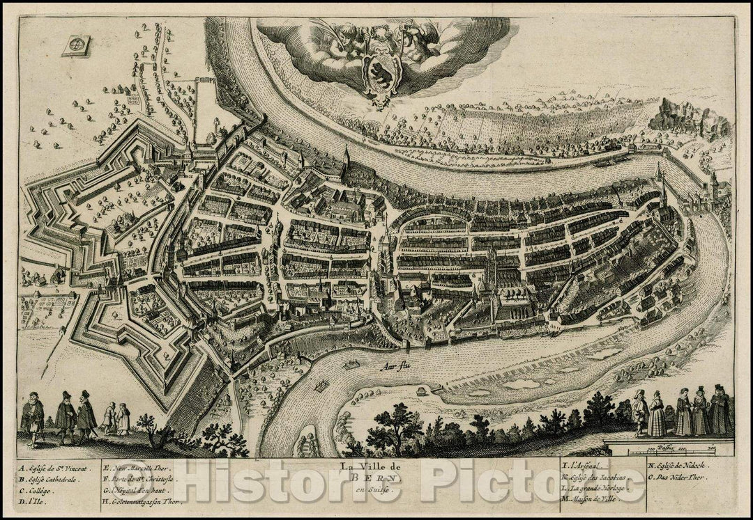 Historic Map - La Ville de Bern, en Suisse/View of Baden on the Limat River, with coat of arms, 1723, Pieter van der Aa - Vintage Wall Art