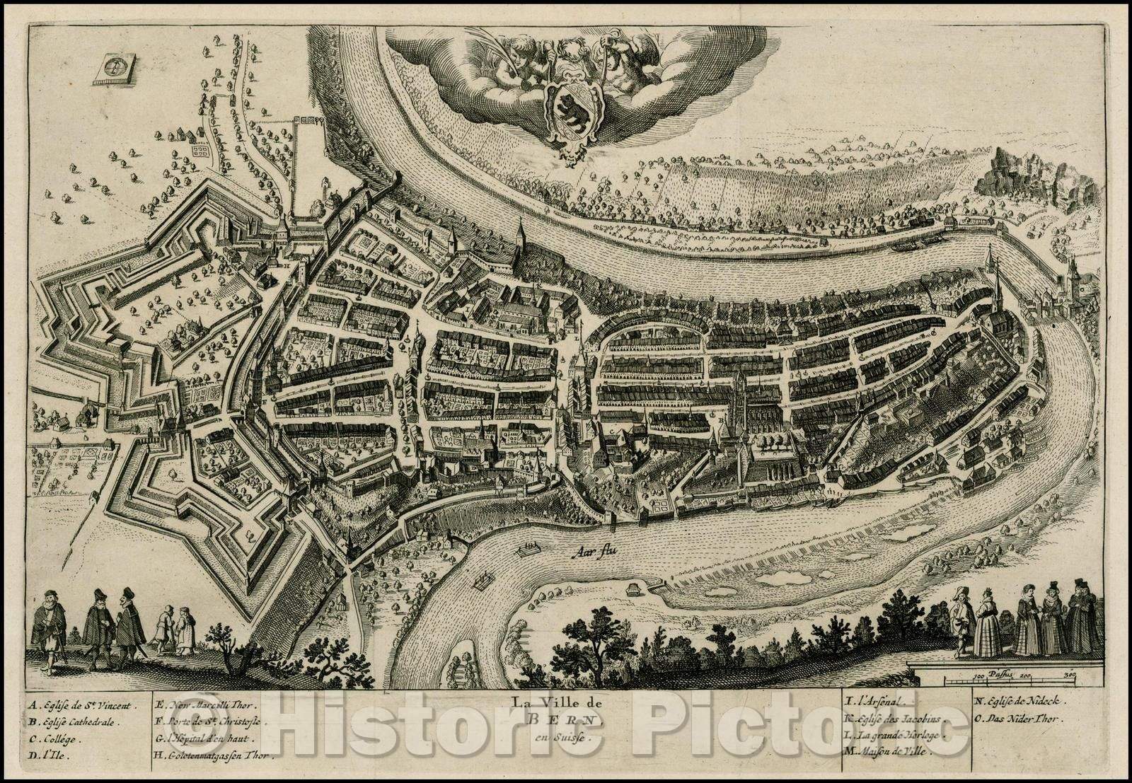 Historic Map - La Ville de Bern, en Suisse/View of Baden on the Limat River, with coat of arms, 1723, Pieter van der Aa - Vintage Wall Art