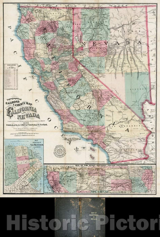 Historic Map - Topographical Railroad & County Map of the States of California and Nevada, 1868, Louis Nell - Vintage Wall Art