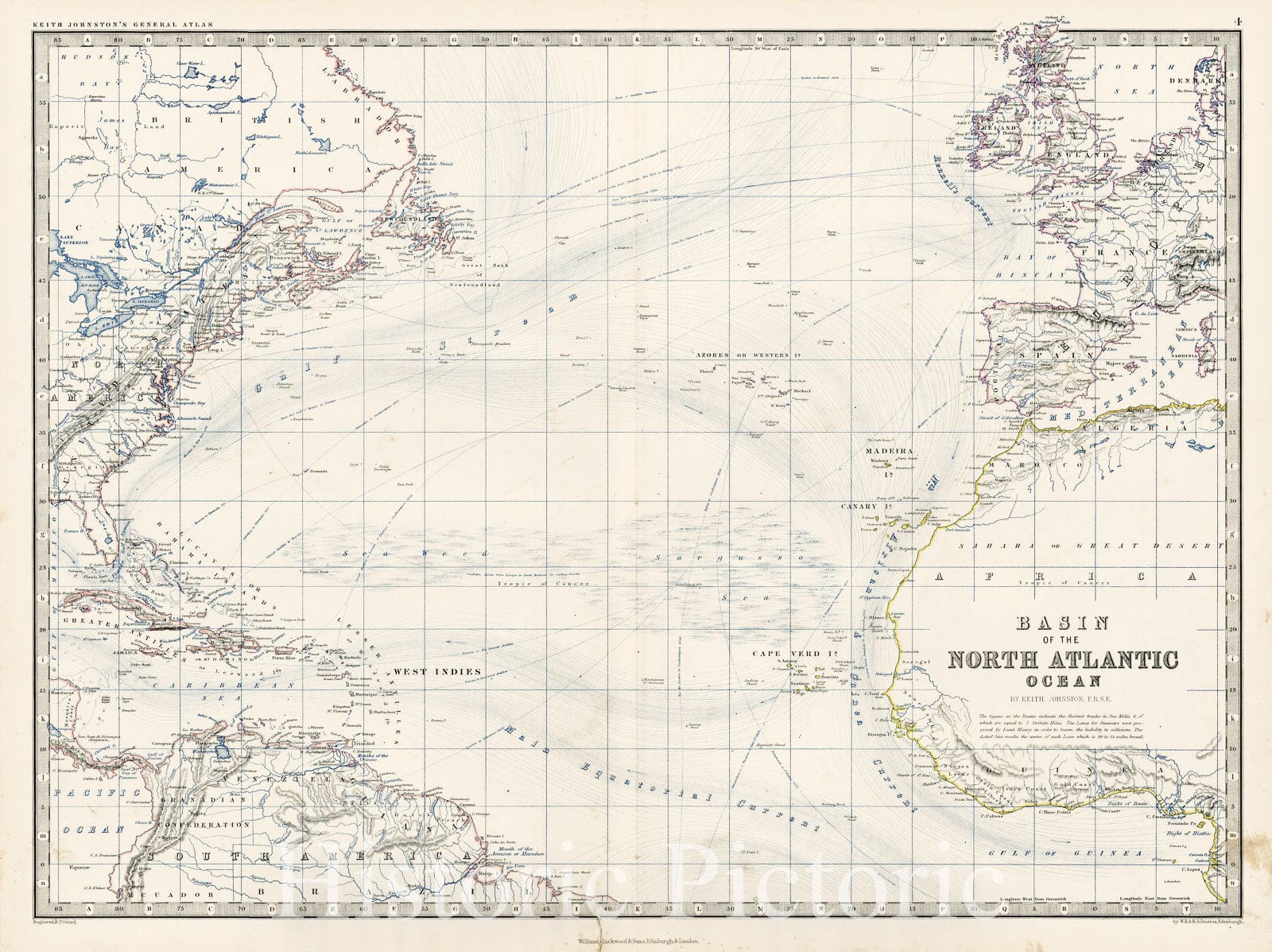 Historic Map - Basin of the North Atlantic, 1861, W. & A.K. Johnston - Vintage Wall Art
