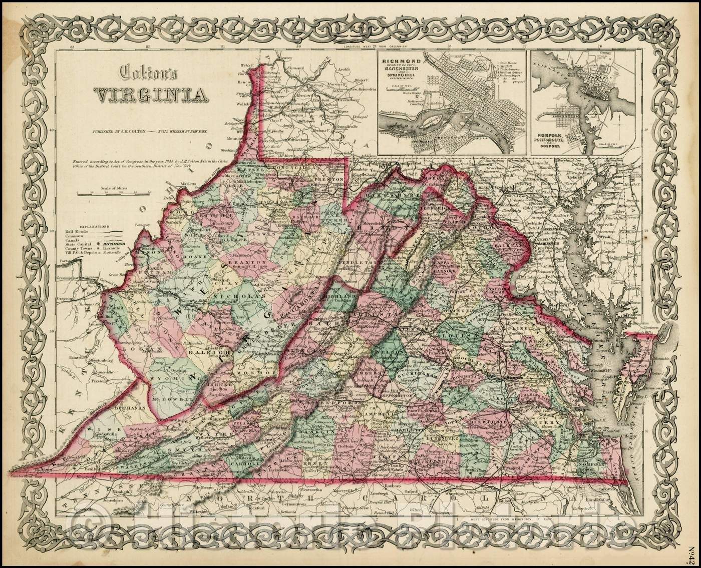 Historic Map - Colton's Virginia, 1859, Joseph Hutchins Colton - Vintage Wall Art