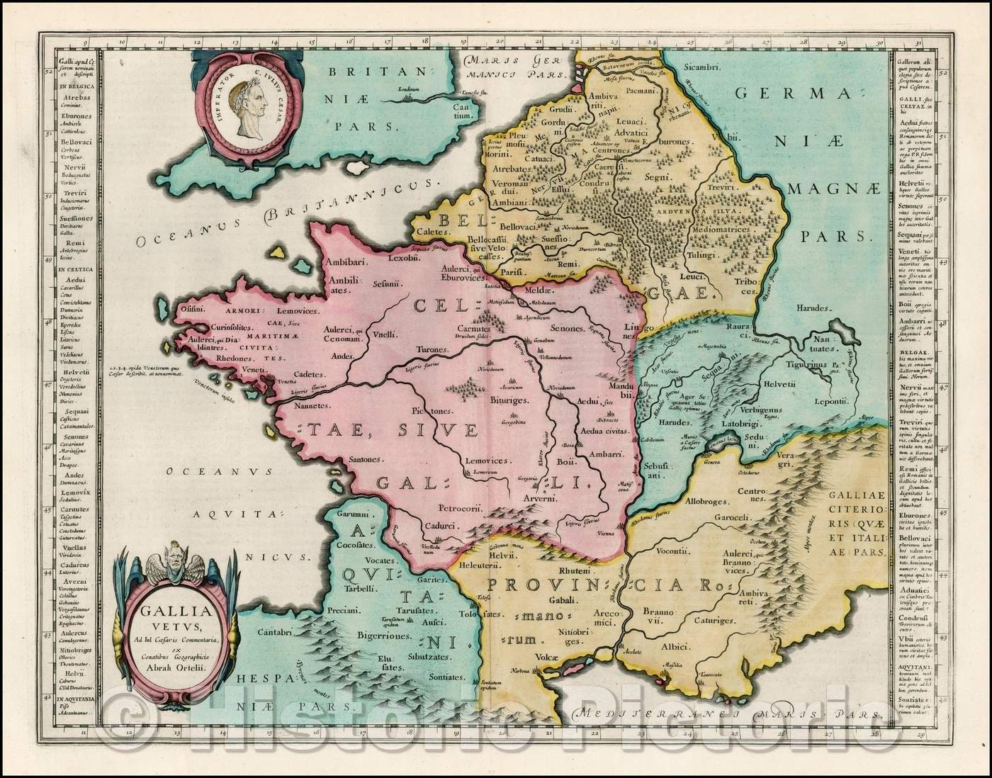 Historic Map - Gallia Vetus, Ad Iulij Caesaris commentaria ex Conatibus Geographicis Abra :: France is an old, from the commentaries of Caesar's Attempts, 1642 - Vintage Wall Art
