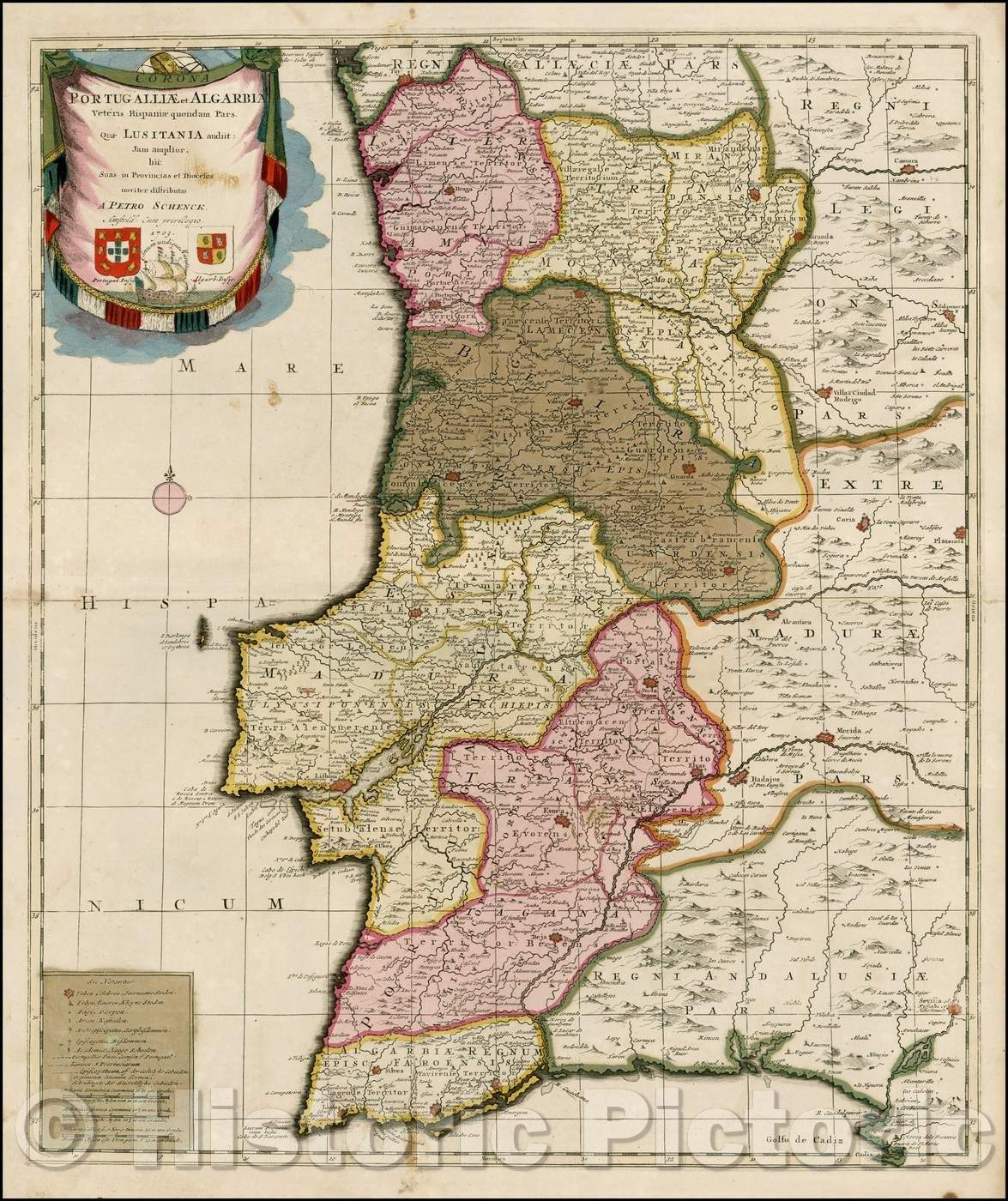 Historic Map - Portugalliae et Algarbia Veteris Hispaniae quondam Pars Quae Lusitania audiit: / Schenk's Map of Portugal, 1700, Peter Schenk - Vintage Wall Art