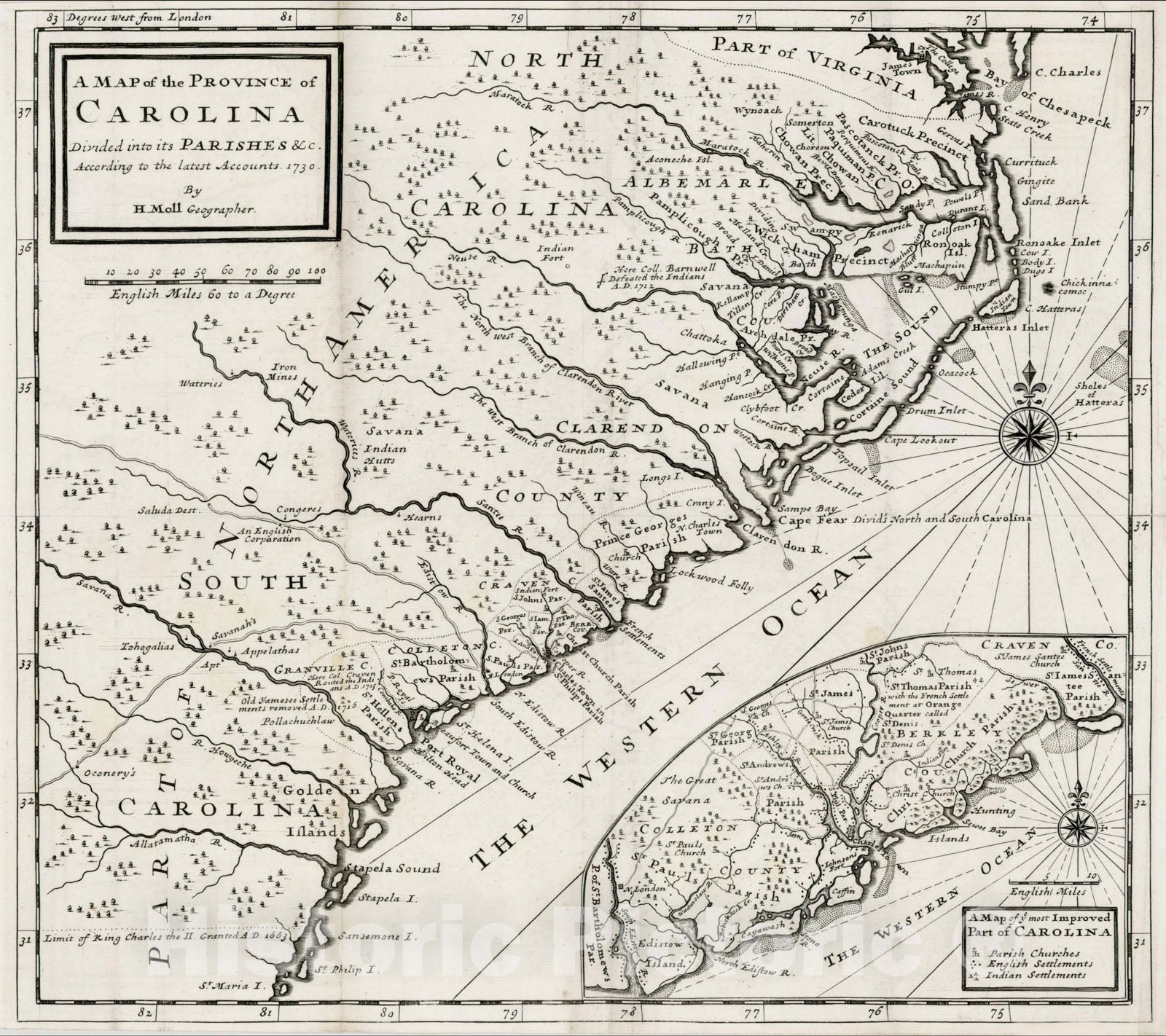 Historic Map - Province of Carolina Divided into its Parishes &c According to the latest Accounts, 1730, Herman Moll - Vintage Wall Art